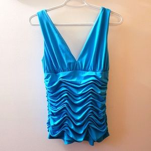 Women's V-neck Blue Gathered Top